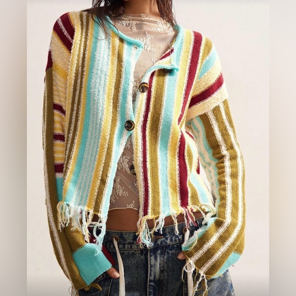 Colorful Striped Frayed Cardigan